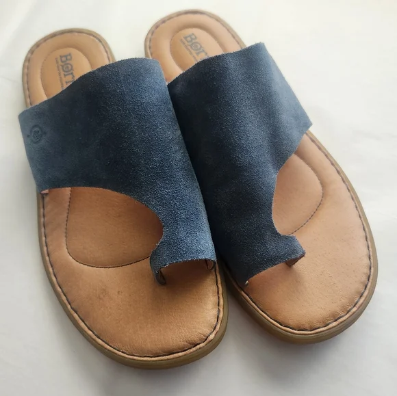 Born Sandals Size 10 Blue Suede Leather Toe Flat Slip On Comfortable Walking - Picture 2 of 9